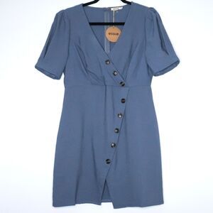 Essue Womens Mini Dress Size Large Blue Button Front Wrap Neutral Classic Preppy